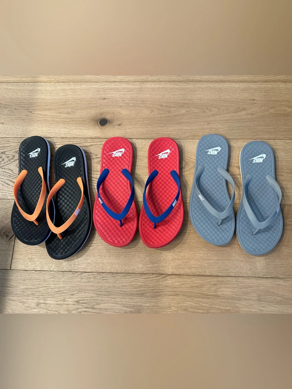 Nike Flip Flop Trio - Black/Orange, Red/Blue, Gray. Mens size 12